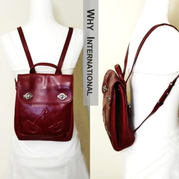 WHY Vintage Burgundy Red Genuine Leather Backpack Silver-tone Turn lock … - Picture 3 of 13